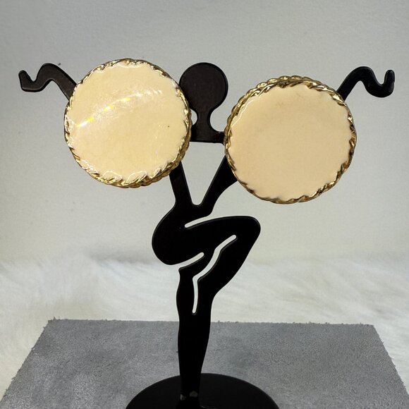 Vintage Jewelry - Vintage Cream Enamel Gold Tone Round Pierced Earrings 1"